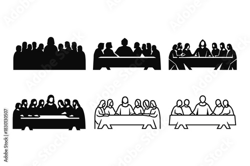 Last Supper Icons. Last Supper. Icon set. Set Logo of Last Supper: silhouetted apostles around table. harmonious logo variations of the same emblematic