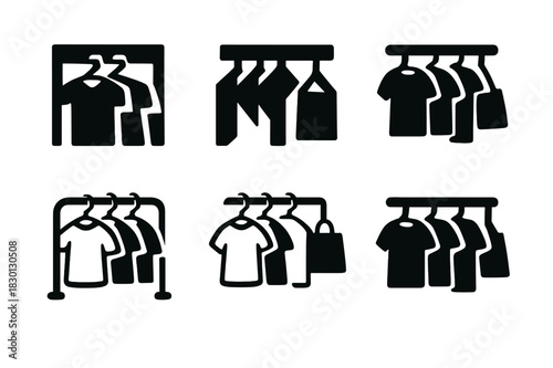 Clothes Logo Variations. Buying clothes. Icon set. Set Logo of buying clothes: Clothes rack silhouette. harmonious logo variations of the same emblematic