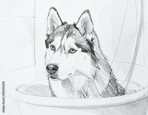 ハスキー犬のスケッチ。水につかる犬。