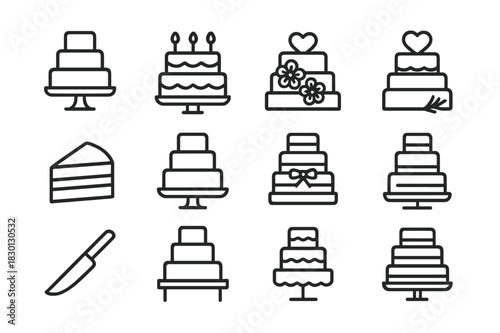 Wedding Cake Icons. Wedding Cake. Line icon set of Wedding Cake: tiered cake, candles, floral decorations, heart topper, slices, stand, frosting, layers,
