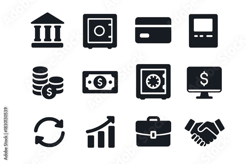 Banking Icons Set. Banking Systems. Solid icon set of Banking Systems: bank building, vault, credit card, ATM machine, coins stack, dollar bill, safe box,