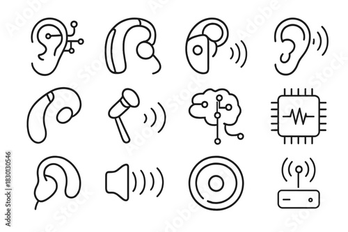 Enhanced Hearing Icons. Enhanced Hearing. Line icon set of Enhanced Hearing: cybernetic ear, hearing aid, bionic implant, sound wave sensor, cochlear implant,