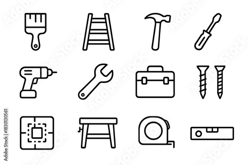 Home Improvement Icons. Home Improvement. Line icon set of Home Improvement: paintbrush, ladder, hammer, screwdriver, drill, wrench, toolbox, screws, wall