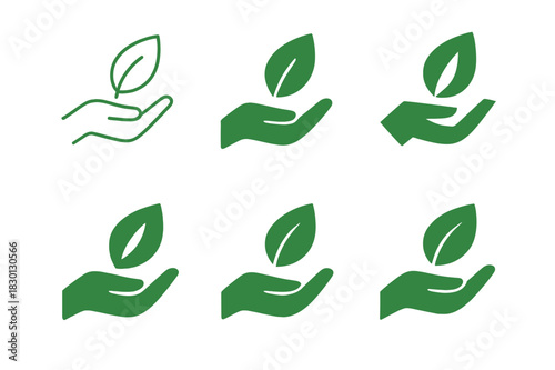 Sustainable Sourcing Icons. Sustainable sourcing of natural resources. Icon set. Set Logo of sustainable sourcing: hand holding leaf. harmonious logo