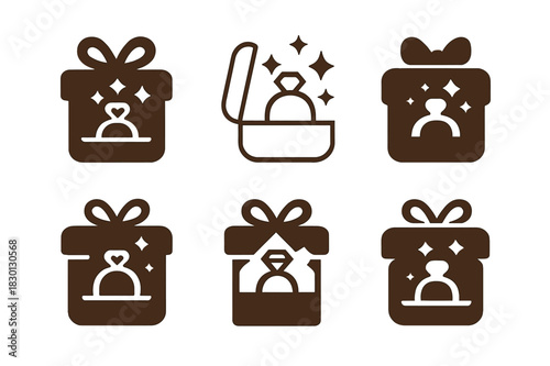 Surprise Ring Logos. Surprise ring box. Icon set. Set Logo of surprise ring box: box with ribbon and sparkle. harmonious logo variations of the same emblematic
