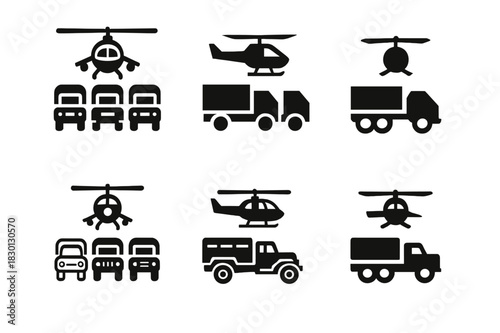 Military Convoy Logos. Military convoy. Icon set. Set Logo of military convoy: Helicopter escort over trucks. harmonious logo variations of the same emblematic