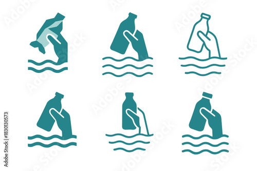 Ocean Conservation Icons. Ocean conservation efforts. Icon set. Set Logo of ocean conservation efforts: marine cleanup initiative. harmonious logo variations