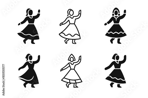 Cultural Dance Logos. Dancing at a cultural festival. Icon set. Set Logo of cultural dance: traditional costume silhouette. harmonious logo variations of the
