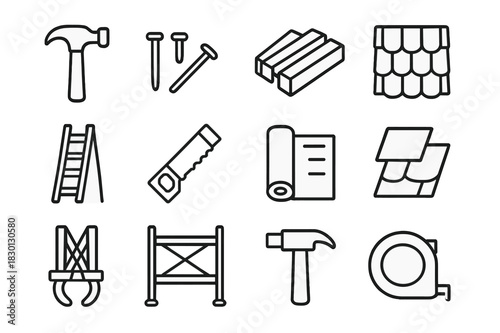 Roof Construction Icons. Roof Construction. Line icon set of Roof Construction: hammer, nails, wooden beams, roof tiles, ladder, saw, roofing felt, shingles,