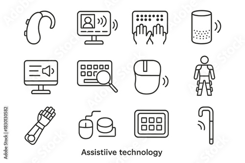 Assistive Technology Icons. Assistive Technology. Line icon set of Assistive Technology: hearing aid, speech device, braille reader, screen reader, adaptive