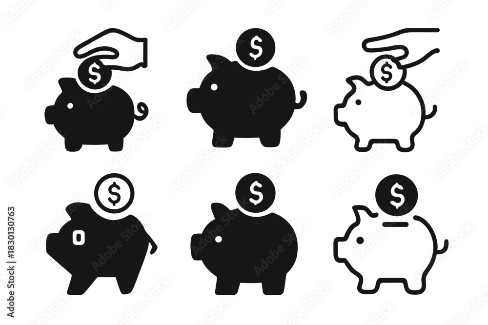 Obraz premium Piggy Bank Icons. Managing Business Finances. Icon set. Set Logo of Managing Business Finances: Piggy Bank. harmonious logo variations of the same emblematic