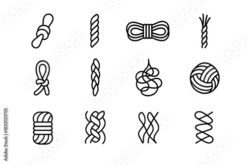 Tangled Rope Icons. Tangled ropes. Line icon set of tangled ropes: knotted rope, twisted cord, coiled rope, frayed end, looped knot, braided strand, hanging