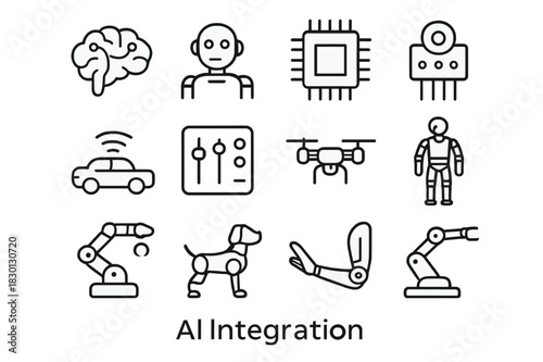AI Integration Icons. AI Integration. Line icon set of AI Integration: AI brain, humanoid robot, microchip, sensor module, autonomous car, control panel,