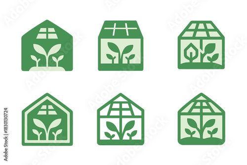 Greenhouse Logo Variations. Greenhouse farming. Icon set. Set Logo of greenhouse: greenhouse with solar panels. harmonious logo variations of the