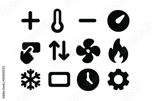 Temperature Control Icons. Temperature adjustment. Solid icon set of temperature adjustment: plus symbol, minus symbol, thermometer, dial, hand tap, arrows,