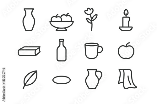 Minimalistic Still Life Icons. Still Life. Line icon set of Still Life: vase, fruit bowl, flower, candle, book, bottle, cup, apple, leaf, shadow, jug, drapery.