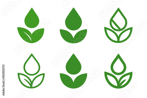 Irrigation System Icons. Water-efficient irrigation systems. Icon set. Set Logo of irrigation: droplet and leaf emblem. harmonious logo variations of the same