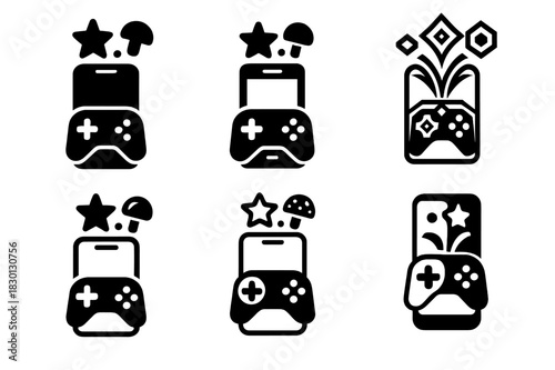 Mobile Gaming Logos. Playing a mobile game on the go. Icon set. Set Logo of mobile gaming: game icons popping out of smartphone. harmonious logo variations of
