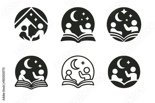 Storytelling Night Logos. Cultural storytelling nights. Icon set. Set Logo of storytelling nights: storytelling circle. harmonious logo variations of the same
