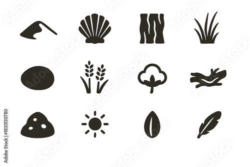 Natural Tones Icons Set. Natural tones. Solid icon set of Natural tones: sand dune, seashell, tree bark, dry grass, soft stone, wheat field, cotton plant,