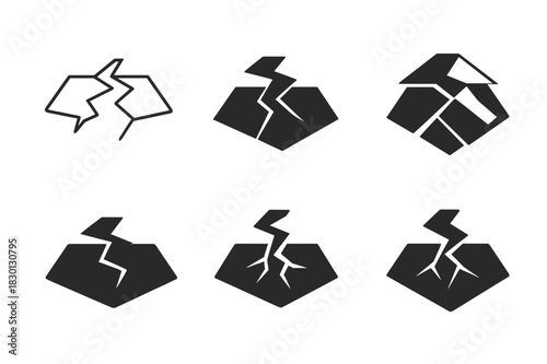 Earthquake Hazard Logos. Earthquake hazards. Icon set. Set Logo of earthquake hazards: Cracked ground surface. harmonious logo variations of the same