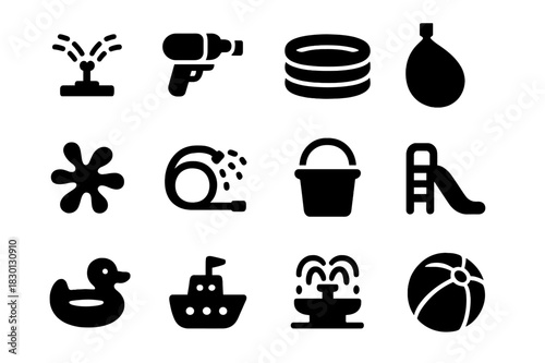 Water Activity Icons. Water activities. Solid icon set of Water activities: sprinkler, water gun, inflatable pool, water balloon, splash, hose, bucket, small