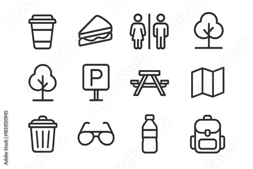 Rest Stop Essentials. Rest stop items. Line icon set of rest stop items: coffee cup, sandwich, restroom sign, bench, tree, parking sign, picnic table, map,