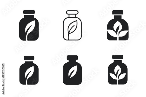 Aromatherapy Logo Collection. Aromatherapy. Icon set. Set Logo of aromatherapy: glass vial with leaf accent. harmonious logo variations of the same emblematic