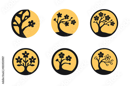 Cherry Blossom Icon Set. Cherry blossom season. Icon set. Set Logo of cherry blossom season: Moonlit cherry tree. harmonious logo variations of the same
