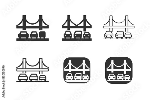 Traffic Icon Set. Traffic. Icon set. Set Logo of Traffic: city bridge and moving vehicles. harmonious logo variations of the same emblematic concept, each with