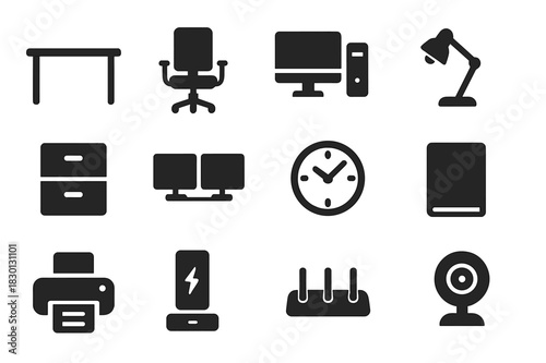 Home Office Essentials. Building a professional home office. Solid icon set of Building a professional home office: office desk, ergonomic chair, desktop