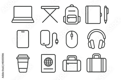 Portable Office Essentials. Compact Work Setup. Line icon set of Compact Work Setup: laptop, foldable desk, backpack, notebook, pen, smartphone, power bank,
