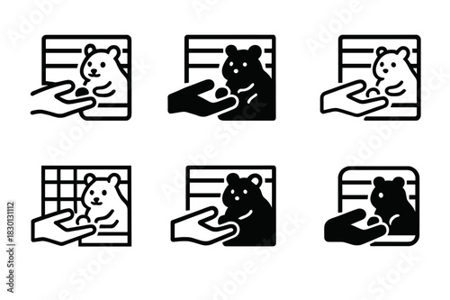 Hamster Care Logos. Feeding a hamster in its cage. Icon set. Set Logo of hamster care: hand offering food. harmonious logo variations of the same emblematic