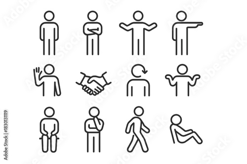 Body Language Icons. Body language. Line icon set of body language: standing figure, crossed arms, open arms, pointing hand, waving, handshake, head nod,