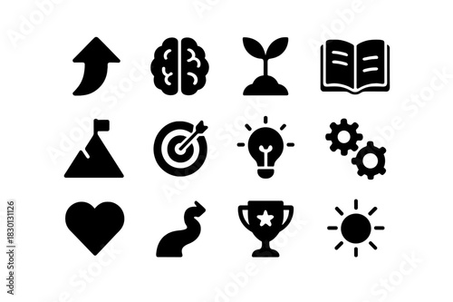 Icons of Personal Growth. Personal growth. Solid icon set of personal growth: arrow up, brain, plant, book, mountain, target, light bulb, gears, heart, path,