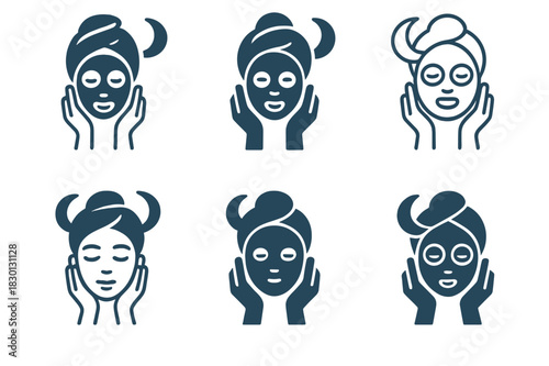 Skincare Icon Logos. Creating a night-time skincare routine. Icon set. Set Logo of skincare: facial mask treatment. harmonious logo variations of the same