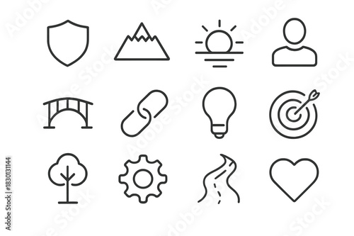 Resilient Leadership Icons. Resilient leadership. Line icon set of resilient leadership: shield, mountain, sunrise, person, bridge, chain link, lightbulb,