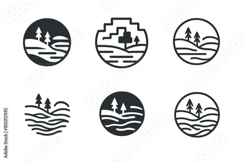 Morning Fog Logos. Morning Fog. Icon set. Set Logo of morning fog: mist enveloping landscape. harmonious logo variations of the same emblematic concept, each