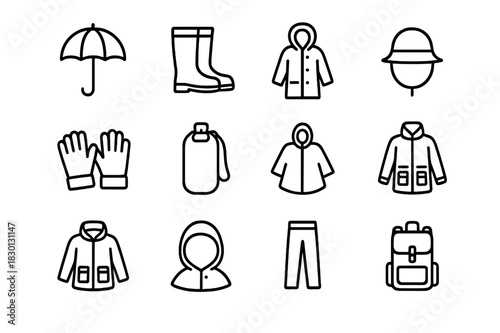 Rainy Day Essentials. Rainy Accessories. Line icon set of Rainy Accessories: umbrella, rain boots, raincoat, hat, gloves, waterproof bag, poncho, galoshes,
