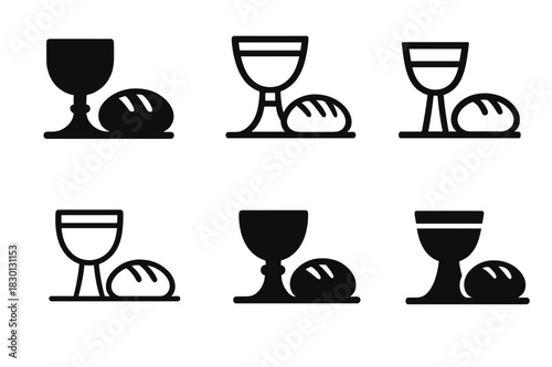 Last Supper Logos. Last Supper. Icon set. Set Logo of Last Supper: chalice and bread on table. harmonious logo variations of the same emblematic concept, each