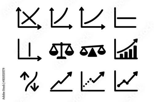 Market Equilibrium Icons. Market equilibrium. Solid icon set of Market equilibrium: intersection point, supply curve, demand curve, price level, quantity,