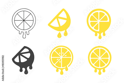 Sliced Lemon Logos. Sliced Lemon. Icon set. Set Logo of sliced lemon: dripping lemon slice. harmonious logo variations of the same emblematic concept, each