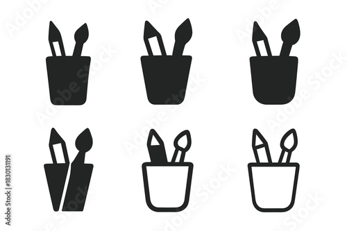 Art Supplies Icons. Art supplies in a cup. Icon set. Set Logo of art supplies in a cup: Cup with paintbrush and pencil icon. harmonious logo variations of the