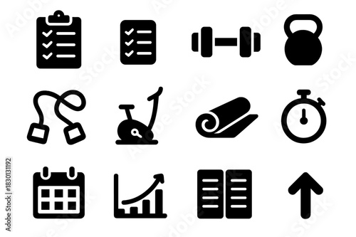 Workout Planning Icons. Workout planning. Solid icon set of Workout planning: exercise plan, checklist, dumbbell, kettlebell, resistance band, cardio machine,