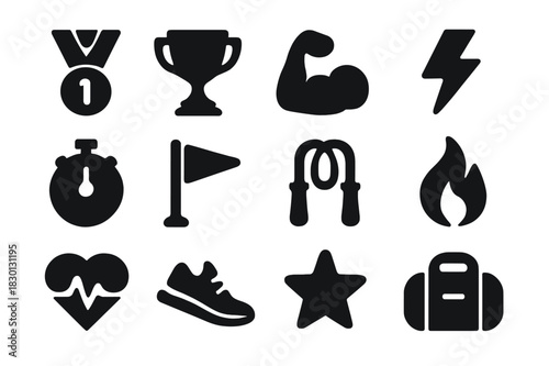 Sports Motivation Icons. Sports motivation. Solid icon set of sports motivation: medal, trophy, muscle arm, lightning bolt, stopwatch, goal flag, jump rope,