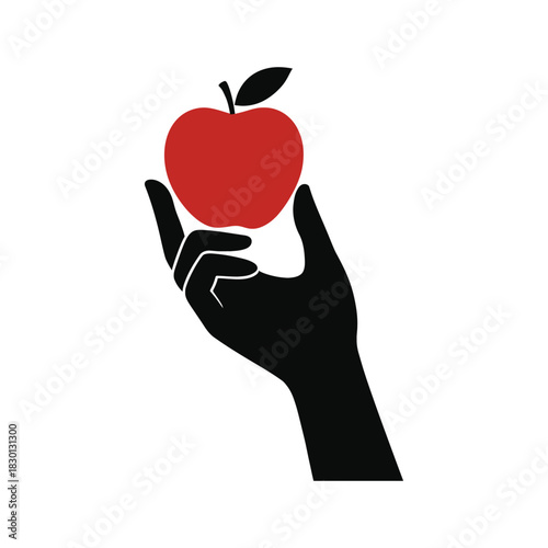 Hand holding a red apple with a leaf symbolizing health nutrition and knowledge with a minimalist design
