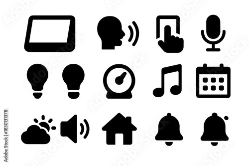 Smart Home Icons. Home assistant display. Solid icon set of Using a home assistant display: smart display, voice command icon, hand touching screen,
