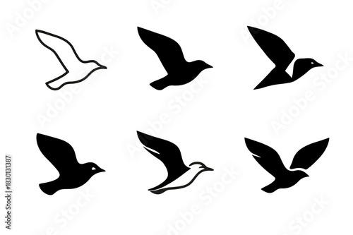 Seagull Logo Variations. Seagulls flying. Icon set. Set Logo of seagulls flying: Silhouettes of seagulls in motion. harmonious logo variations of the same