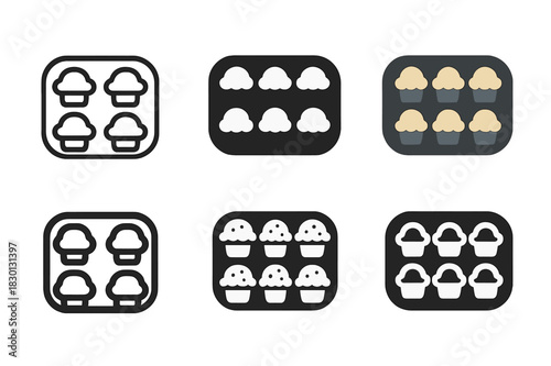 Muffin Tray Icons. Muffin tray. Icon set. Set Logo of muffin tray: tray with muffins. harmonious logo variations of the same emblematic concept, each with