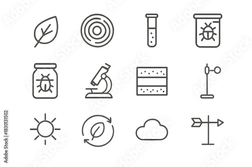 Environmental Science Icons. Environmental science. Line icon set of environmental science: leaf icon, tree ring, test tube, water sample, bug in